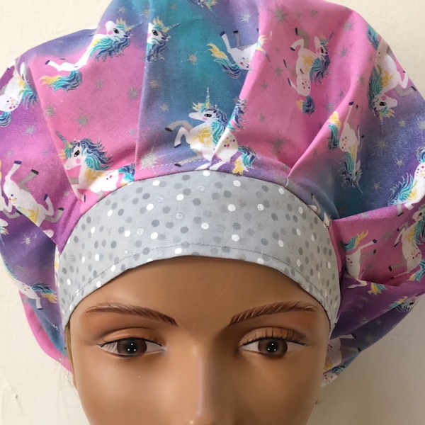 Colorful Unicorns - Bouffant Scrub Hat with Matching Badge Reel Option