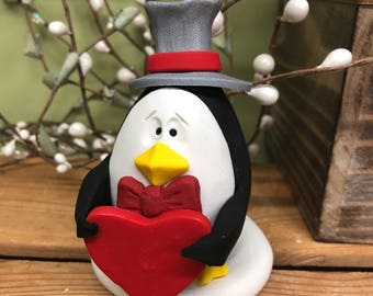 Polymer Clay Penguin Sculpture, Valentine's Day Gift