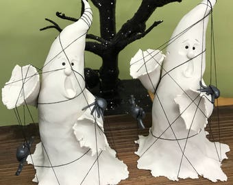 Hand Sculpted Polymer Clay Ghost, Spider Web Halloween Decor