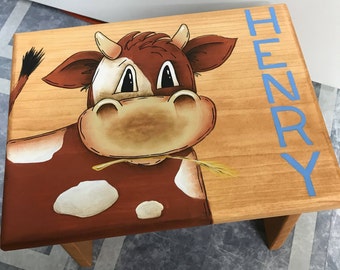 Cow Step Stool, Brown Cow, Bull, Kids Stool, Farm Animal step stool, kids foot stool,Personalized stool, Hand painted kids furniture