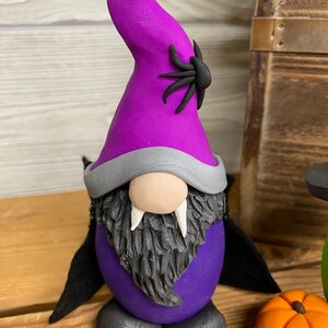 May include: Purple and black Halloween gnome with a pointy hat, a spider on the hat, a black cape, and fangs.