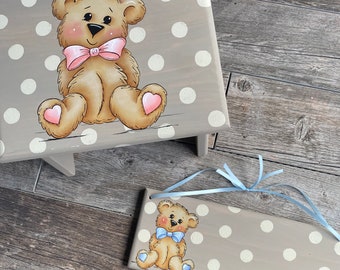Teddy Bear Kids Step Stool, Pine Wood, Nursery Decor