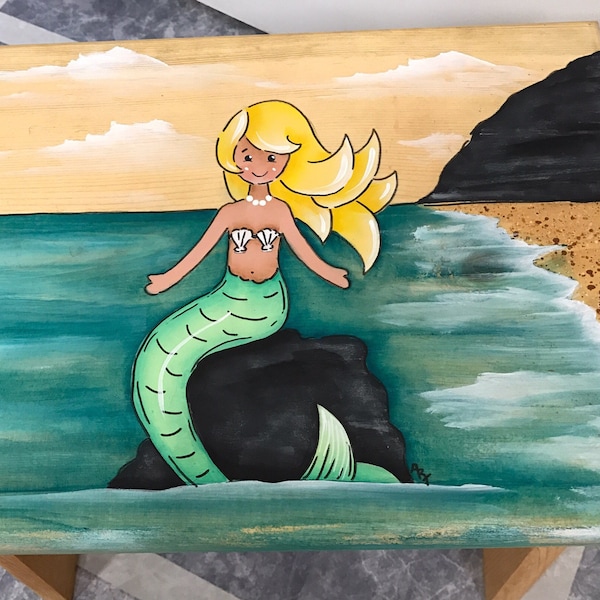Hand Painted Mermaid Step Stool, Personalized Kids Furniture