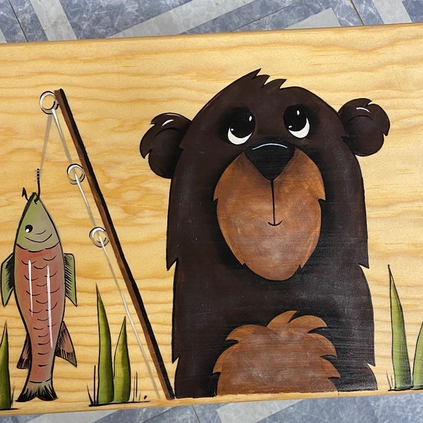 Kids step Stool, Bear Step Stool, Wildlife step stool, kids foot stool,Personalized stool, Hand painted kids furniture, Bear Fishing, Bears