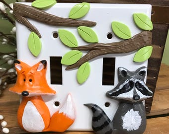Hand Sculpted Fox and Raccoon Double Switch Plate, Woodland Decor