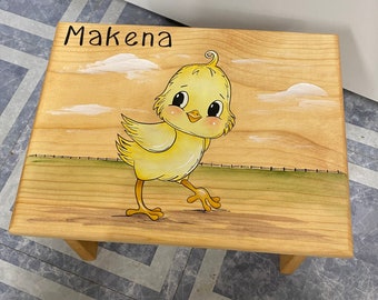 Chick Step Stool, Yellow Chick, Chicken, Kids Stool, Farm Animal step stool, kids foot stool,Personalized stool, Hand painted kids furniture