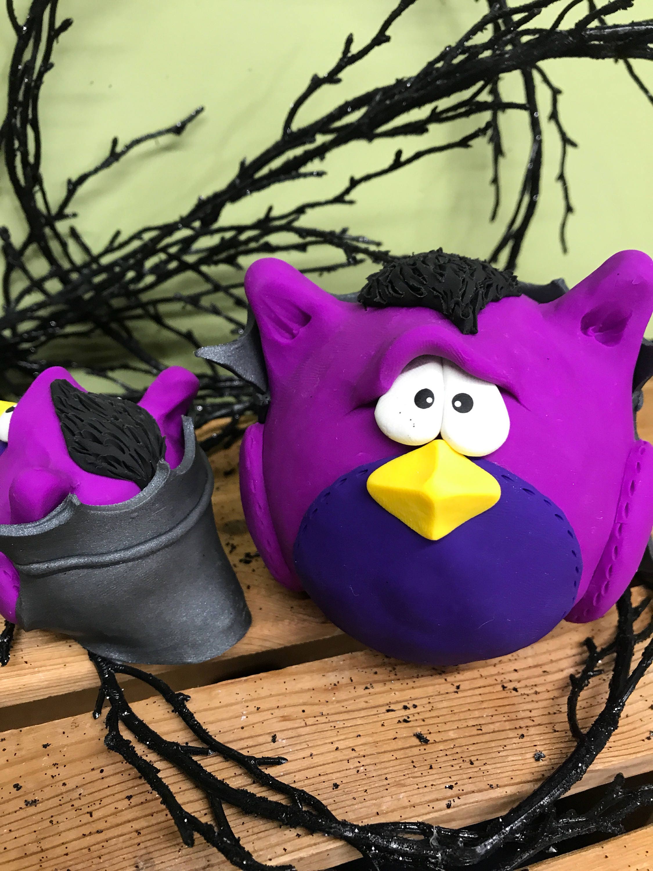 Hand Sculpted Polymer Clay Dracula Owl, Halloween Decoration