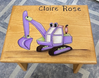 Kids step Stool, Truck Step Stool, excavator step stool, kids foot stool,Personalized stool, Hand painted, construction, digger