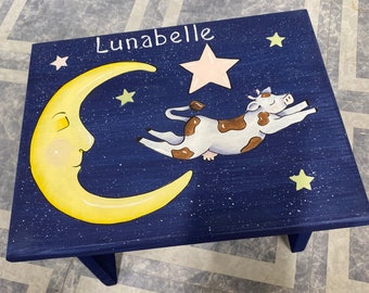 Hand Painted Kids Step Stool, Cow Over the Moon Design, Personalized Stool