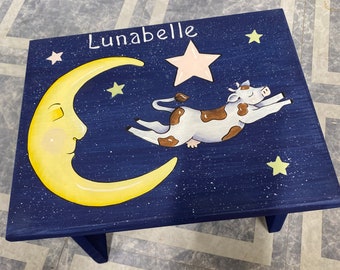 Handmade Stool, Hand painted Stool, Cow Over the Moon Step Stool, Kids Stool, step stool, kids foot stool,Personalized stool