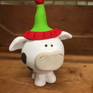 Handmade Cow Christmas Ornament, Polymer Clay Decoration, Holiday Farm Animal Cow in Santa Hat