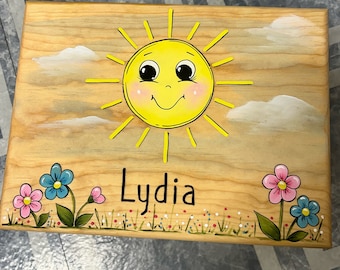 Hand Painted Yellow Sun Step Stool, Personalized Kids Furniture