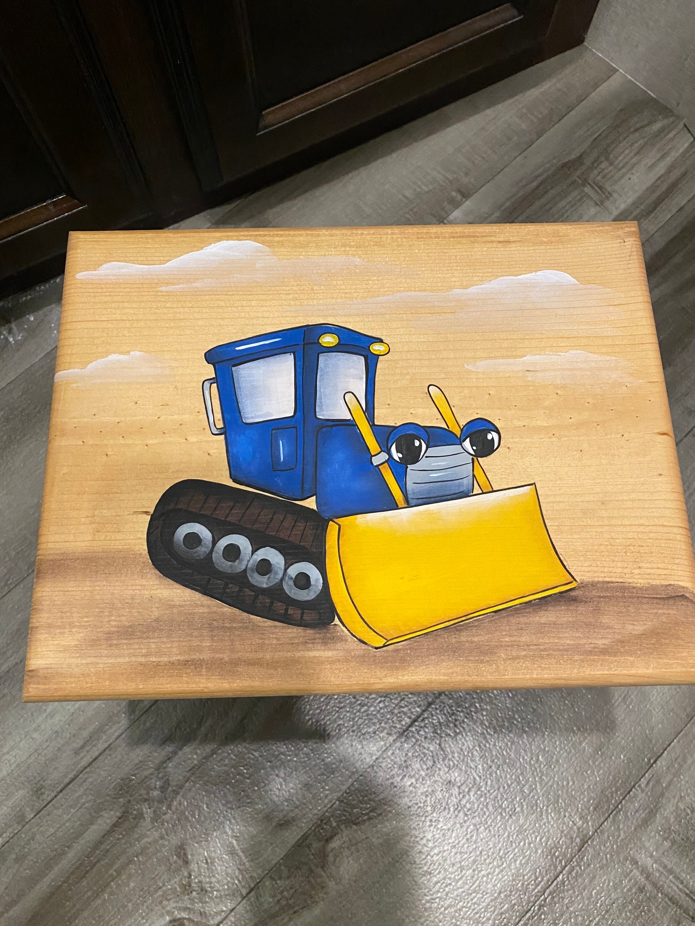 Personalized Kids Pine Step Stool, Blue Bulldozer Design