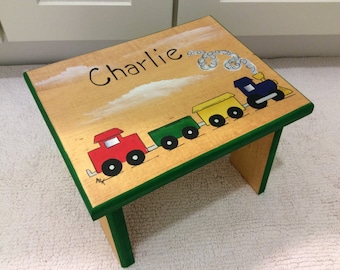 Train Step Stool, Automotive step stool, kids foot stool,Personalized stool, Hand painted kids furniture, gift for kids, baby shower gift