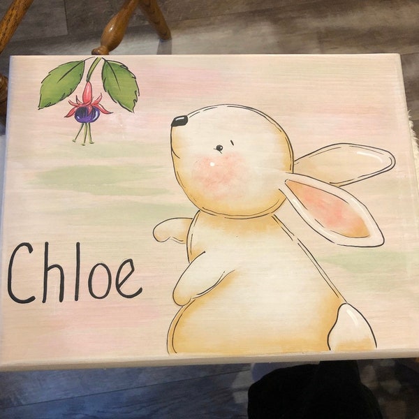 Kids step Stool, Bunny Step Stool, Wildlife step stool, kids foot stool,Personalized stool, Hand painted kids furniture, Bunny, Rabbit Stool