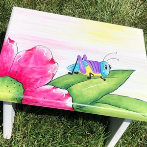 Children&#39;s Step Stool, Cricket Stool, Cricket and Flowers, Girls Step Stool, Flower foot Stool, Flower Nursery, grasshopper, bugs