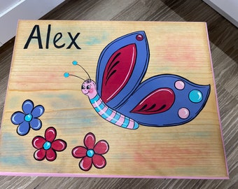 Kids step Stool, Butterfly Step Stool, Wildlife step stool, kids foot stool,Personalized stool, Hand painted kids furniture, Butterfly Stool