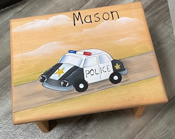 Handmade Stool, Police car Stool, Kids Step Stool, Police Stool, Police Step Stool, Personalized Stool, Boy Stool, Police Car