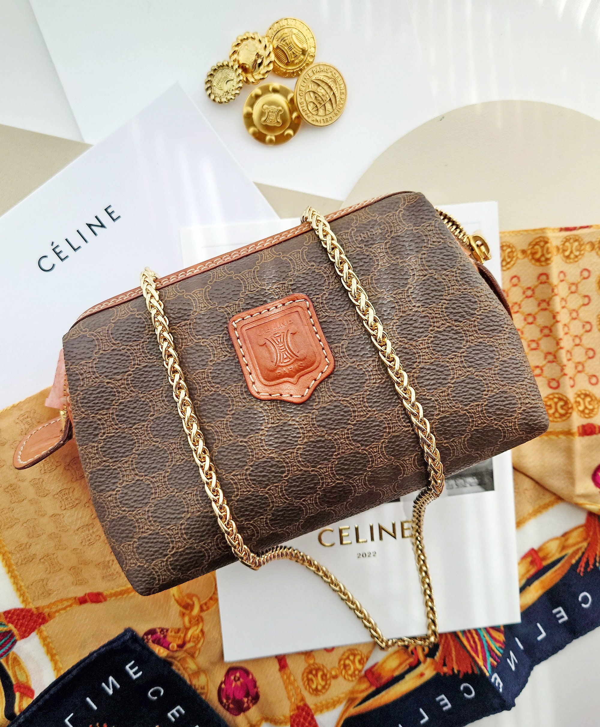 Celine Paris Macadam Pattern Mini Boston Bag Handbag Color Brown