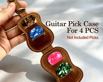 Vintage bruin leren plectrumhouder, gepersonaliseerde gegraveerde hoes met 4 plectrums, stijlvol draagbaar etui voor vrouwelijke gitaristen