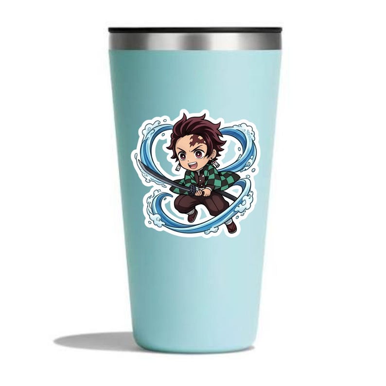 May include: A light blue stainless steel tumbler featuring a central graphic of a chibi-style anime character with dark hair, wearing a green and black checkered haori, holding a sword, and surrounded by stylized blue water wave effects.