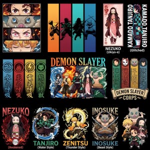 May include: A collection of Demon Slayer graphic illustrations featuring characters Tanjiro, Nezuko, Zenitsu, and Inosuke in various styles, including close-up eye panels, silhouettes, chibi figures, and action poses with elemental water, fire, and lightning effects.