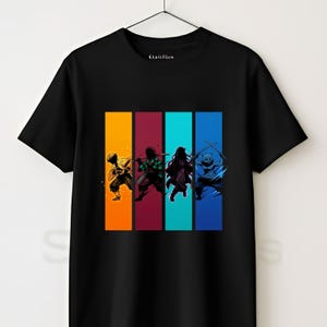 May include: A black short-sleeved t-shirt featuring a graphic print of four anime characters in individual vertical panels. The panels are colored orange, dark red, cyan, and blue, each containing a silhouette of a character in a dynamic pose.