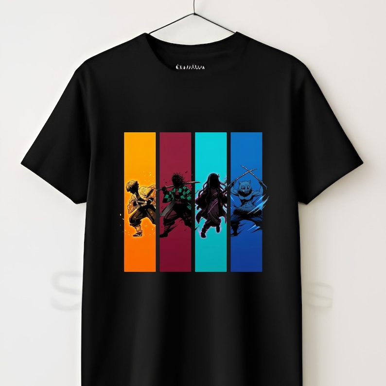 May include: A black short-sleeved t-shirt featuring a graphic print of four anime characters in individual vertical panels. The panels are colored orange, dark red, cyan, and blue, each containing a silhouette of a character in a dynamic pose.