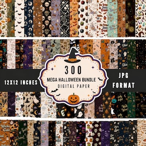 May include: A collection of 300 digital paper patterns in JPG format, each 30.48x30.48 cm. The designs feature Halloween themes including pumpkins, ghosts, skulls, witches, bats, and sweets. A central label displays the text 300 MEGA HALLOWEEN BUNDLE.