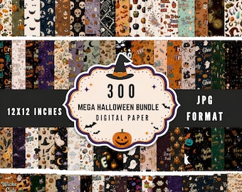 May include: A collection of 300 digital paper patterns in JPG format, each 12x12 inches. The designs feature Halloween themes including pumpkins, ghosts, skulls, witches, bats, and candy. A central label displays the text 300 MEGA HALLOWEEN BUNDLE.