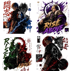 May include: A set of four digital illustrations featuring anime-style characters in dynamic poses. The artwork incorporates bold red, blue, green, and purple color palettes with Japanese kanji text, including characters holding swords and wearing crowns.