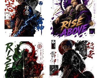 May include: A set of four digital illustrations featuring anime-style characters in dynamic poses. The artwork incorporates bold red, blue, green, and purple color palettes with Japanese kanji text, including characters holding swords and wearing crowns.