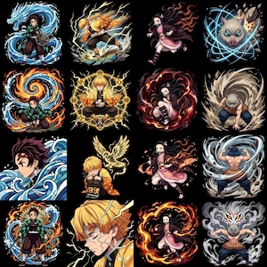 May include: A collection of sixteen digital illustrations featuring anime characters in dynamic poses with elemental effects like water, lightning, fire, and wind. The artwork displays various characters in combat stances, surrounded by swirling energy, glowing circles, and debris against a solid black background.