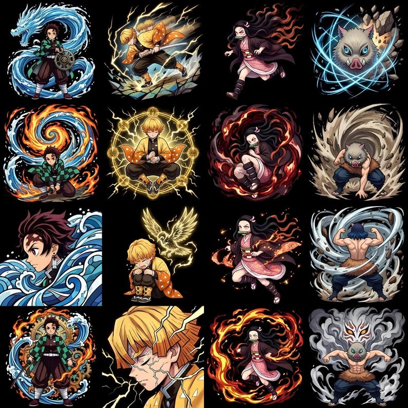 May include: A collection of sixteen digital illustrations featuring anime characters in dynamic poses with elemental effects like water, lightning, fire, and wind. The artwork displays various characters in combat stances, surrounded by swirling energy, glowing circles, and debris against a solid black background.