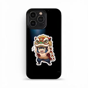May include: A black smartphone case featuring a central graphic of a character with dark hair wearing a red, gold, and white lion dance costume. The character has a determined expression, is shirtless, and wears dark blue pants with fur accents.