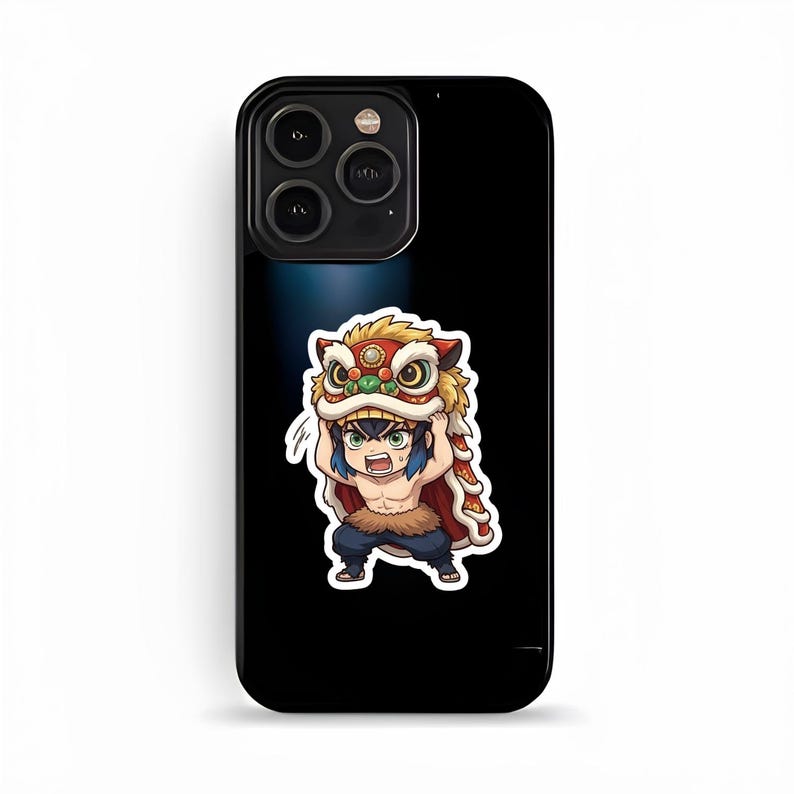 May include: A black smartphone case featuring a central graphic of a character with dark hair wearing a red, gold, and white lion dance costume. The character has a determined expression, is shirtless, and wears dark blue pants with fur accents.