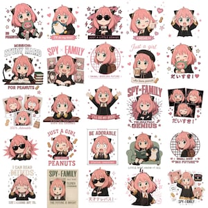 May include: A collection of twenty-five stickers featuring a pink-haired anime character in various poses and outfits, often accompanied by peanuts, penguins, and text such as Spy Family, Mission Study Hard, Just a Girl, and Telepathic Genius.