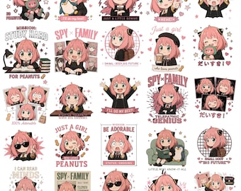 May include: A collection of twenty-five stickers featuring a pink-haired anime character in various poses and outfits, often accompanied by peanuts, penguins, and text such as Spy Family, Mission Study Hard, Just a Girl, and Telepathic Genius.