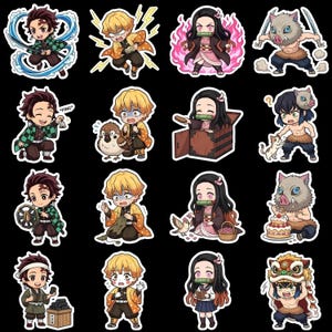 May include: A collection of sixteen die-cut vinyl stickers featuring chibi-style anime characters from Demon Slayer. The stickers depict various characters in dynamic poses, including sword fighting, holding a bell with the text PING, and eating.