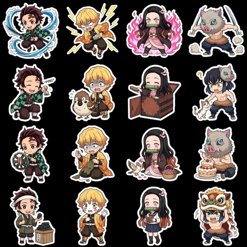 May include: A collection of sixteen die-cut vinyl stickers featuring chibi-style anime characters from Demon Slayer. The stickers depict various characters in dynamic poses, including sword fighting, holding a bell with the text PING, and eating.