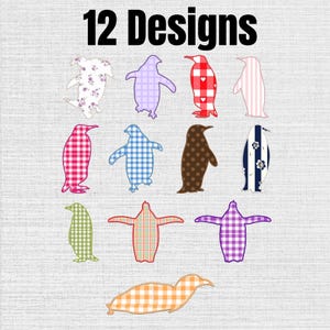 May include: A collection of 12 penguin-shaped designs featuring various patterns including floral, plaid, gingham, polka dots, and stripes in colours such as red, blue, purple, brown, green, and orange, with the text 12 Designs displayed at the top.