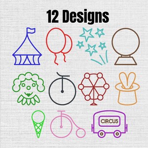 May include: A collection of 12 Designs featuring line art icons of a blue circus tent, red balloons, teal stars, a brown crystal ball, a green clown, a black unicycle, a red ferris wheel, an orange top hat with ears, a green ice cream cone, a pink penny-farthing, and a purple circus wagon with the text CIRCUS.