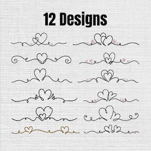 May include: A collection of 12 Designs featuring black line art heart motifs and decorative flourishes. The graphic set includes various heart shapes, some accented with small pink hearts, arranged in rows against a light grey textured background.