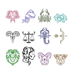 May include: A collection of twelve distinct zodiac sign illustrations arranged in a grid. The icons include Gemini, Aquarius, Cancer, Pisces, Aries, Libra, Scorpio, Sagittarius, Leo, Virgo, Capricorn, and Taurus, rendered in various colors.