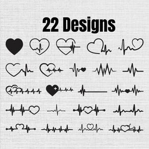 May include: A collection of 22 black graphic designs featuring various heart shapes and EKG heartbeat lines arranged in a grid. The text 22 Designs is displayed in bold black letters at the top of the image against a light gray textured background.