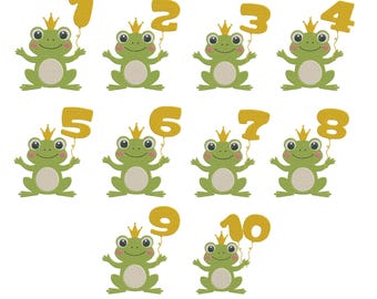Ensemble de 10 fichiers de broderie grenouille anniversaire numéros 1-10, téléchargement immédiat