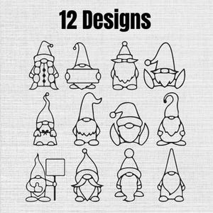 May include: A collection of 12 black line art illustrations of gnomes arranged in a grid. Each gnome features a distinct pose, hat style, and beard shape. The text 12 Designs is printed in bold black letters at the top of the image.