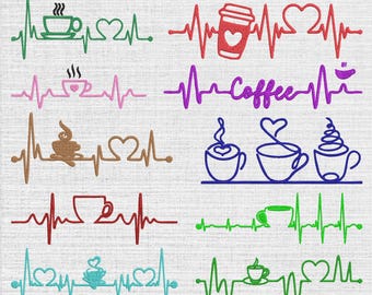 Kaffee Herzschlag Maschinenstickerei Design, Instant Download digital, 7 Größe