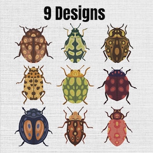 May include: A collection of 9 Designs featuring illustrations of various beetles in different colors and patterns, including brown, green, yellow, red, and blue, arranged in a three-by-three grid on a light gray textured background.