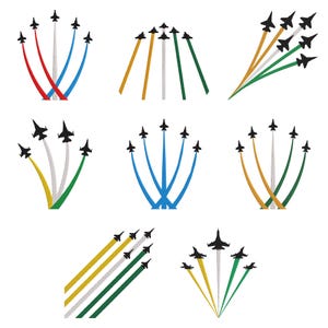 Puede incluir: Una colección de ilustraciones vectoriales con aviones de combate negros en varias formaciones. Cada diseño muestra aviones con estelas de colores en rojo, azul, amarillo, verde y blanco, creando patrones dinámicos y estilizados.